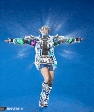 a woman in a colorful outfit is standing in front of a blue background with the words emote 4 on the bottom