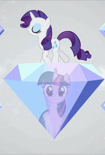 twilight sparkle is reflected in a purple diamond while rarity stands behind her