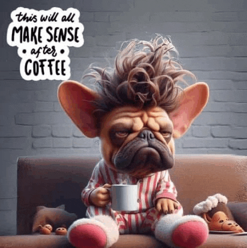 a cartoon bulldog is sitting on a couch holding a cup of coffee .