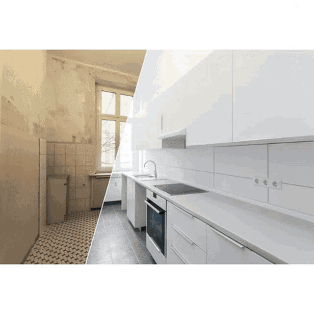 a before and after photo of a kitchen with white cabinets and appliances