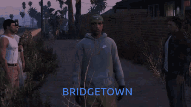 a man in a green hat holds a gun in front of the word bridgetown