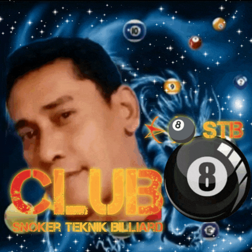 a picture of a man with the words club snoker teknik billiard on the bottom