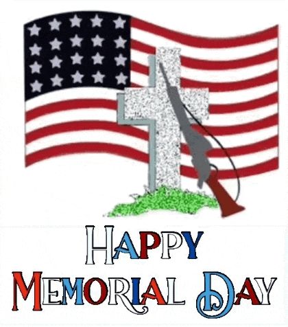 a memorial day greeting card with an american flag , a cross , and a gun .