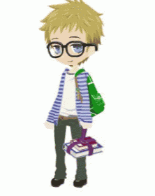 a boy wearing glasses and a green backpack is holding books
