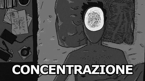 a black and white drawing of a man laying on a bed with the word concentrazione written below him