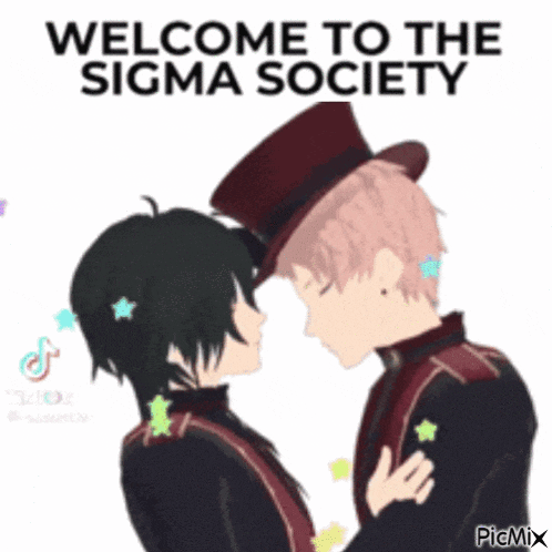 a couple of anime characters standing next to each other with the words welcome to the sigma society .