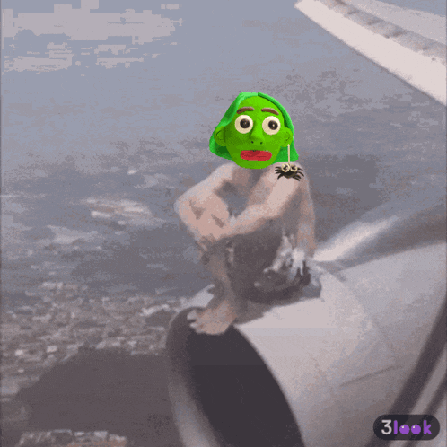 a frog with a spider tattoo on his arm sits on a plane engine