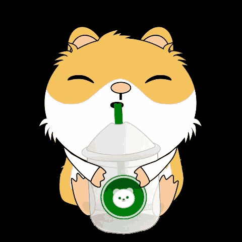 a cartoon hamster is drinking from a plastic cup with a green straw .