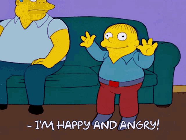 a cartoon of a man sitting on a couch with the words " i 'm happy and angry " below him