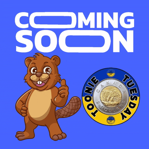 a cartoon beaver giving a thumbs up next to a coin that says coming soon tuesday