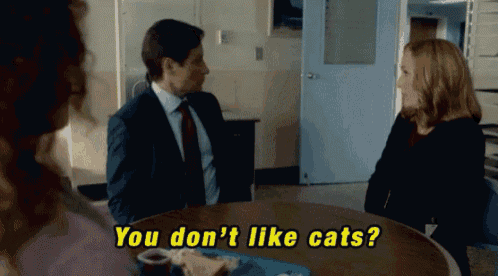 a man in a suit and tie is talking to a woman at a table and says you don 't like cats