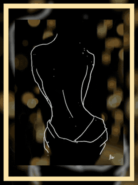 a drawing of a woman 's back with the letter r on the bottom right corner