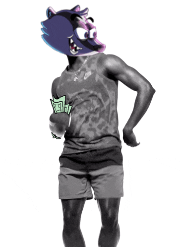 a man with a cartoon character on his head