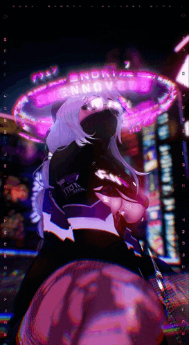 a girl with a mask on stands in front of a sign that says ' enoki ' on it