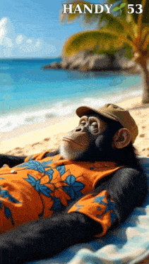 a chimpanzee wearing a hat is laying on a beach with handy 53 written above him