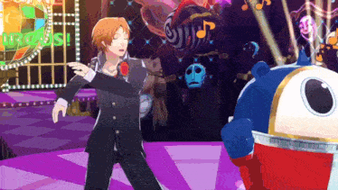 a man in a suit is dancing next to a blue and white mascot