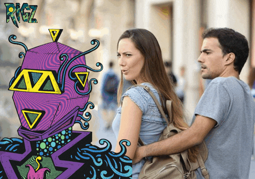 a man and a woman are standing next to each other with a purple robot in the background that says rigz