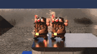 a pixel art of two gnomes standing on a table