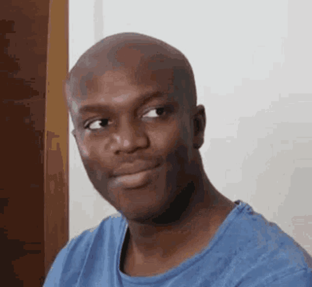 a bald man wearing a blue shirt is looking at the camera .