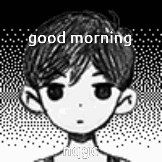 a black and white drawing of a young boy with the words `` good morning '' written on it .