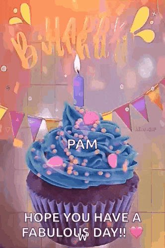 a cupcake with blue frosting and a candle on it