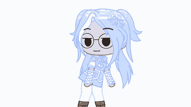 a drawing of a girl with long blue hair wearing glasses