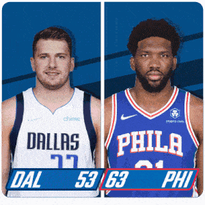 two basketball players from dallas and philadelphia are standing next to each other