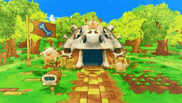 a cartoon drawing of a house in the middle of a lush green forest