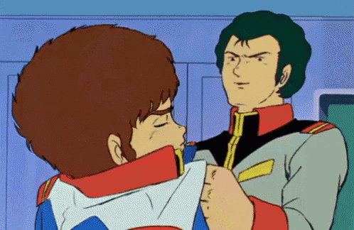 two cartoon characters are standing next to each other and one of them is wearing a blue and white jacket