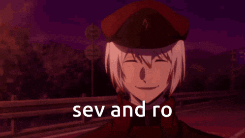two anime characters standing next to each other with sev and ro written on the bottom right