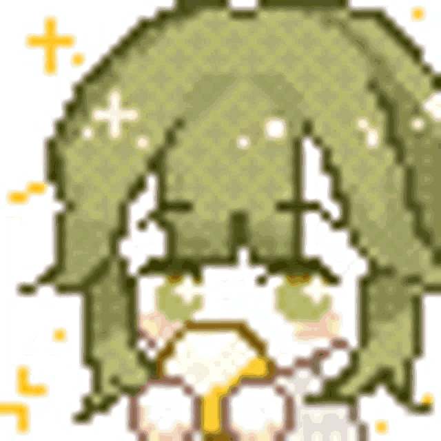a pixel art drawing of a girl with green hair and green eyes eating a banana .