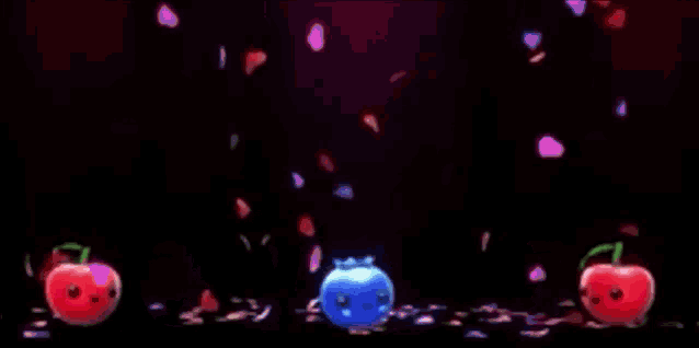three apples and a blueberry are dancing on a stage in front of a purple background .