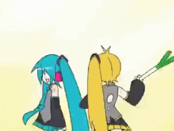 a cartoon of two anime girls standing next to each other on a yellow background .