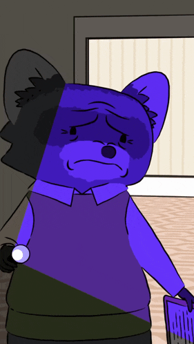a cartoon drawing of a purple raccoon with a sad look on his face
