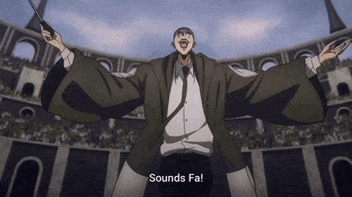 a man with a mustache is holding a sword and shouting sounds fa