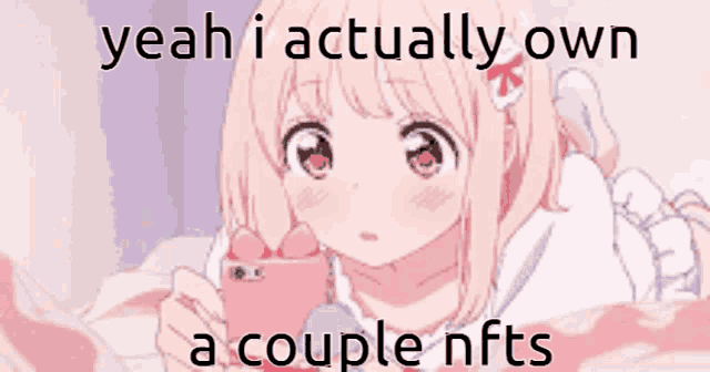 a pink anime girl is laying on a bed holding a pink phone and says yeah