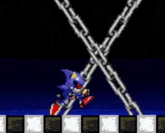sonic the hedgehog is being destroyed by a chain in a video game while holding a gun .