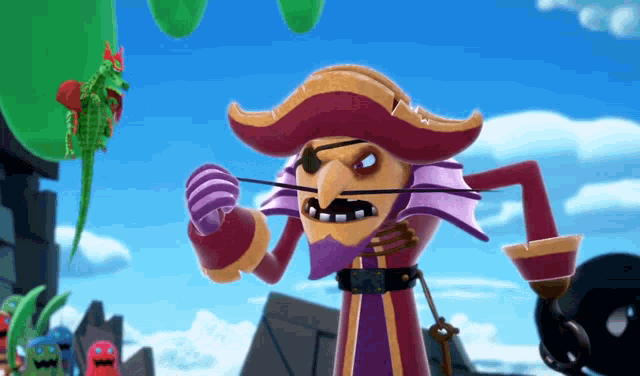 a cartoon character with a pirate hat is holding a balloon