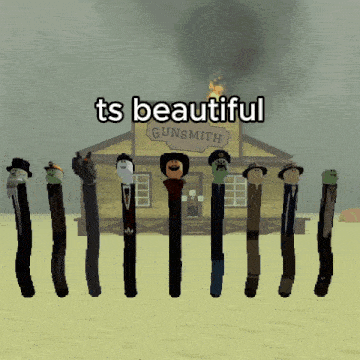 a group of cartoon characters standing in front of a gunsmith