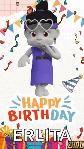a happy birthday greeting card with a cartoon character wearing heart shaped sunglasses