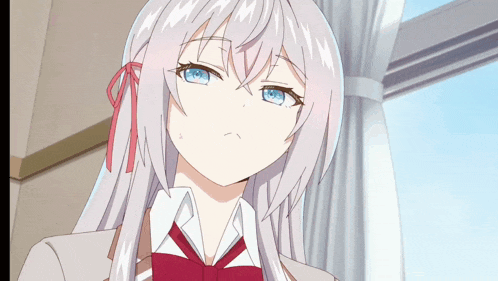 a girl with white hair and blue eyes is wearing a white shirt and red bow tie