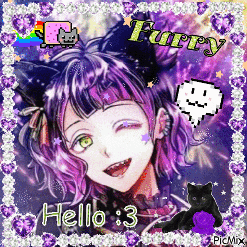a picture of a girl with purple hair that says furry