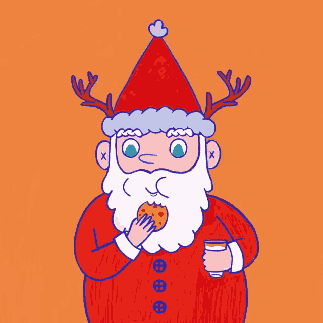 a cartoon of santa claus eating a cookie and drinking a cup of milk