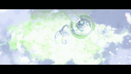 a painting of a person flying through a circle of green and white clouds