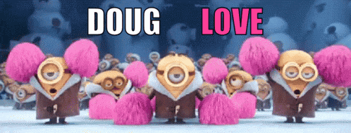 a group of minions holding pink pom poms with the words doug love written above them