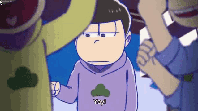 a cartoon character is wearing a purple hoodie with a green cloud on it .