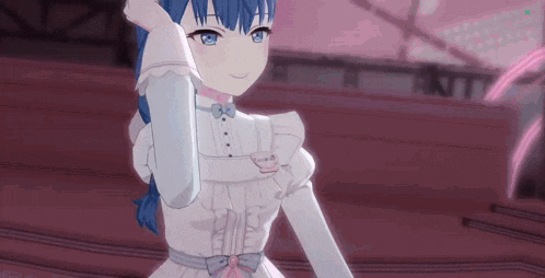 a girl with blue hair and a white dress is standing in front of a red wall .