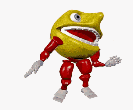 a yellow smiley face with red arms and legs and a blue eye