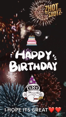 a happy birthday greeting card with a monkey smoking a cigarette and fireworks