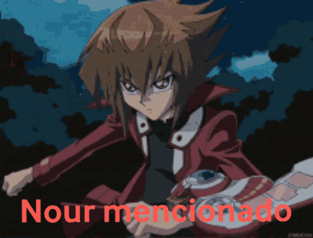 a picture of a anime character with the words nour mencionado in red letters